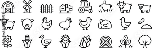 Farm and Agriculture Icon Set Featuring Animals, Crops, Farming Equipment, and Rural Life Elements