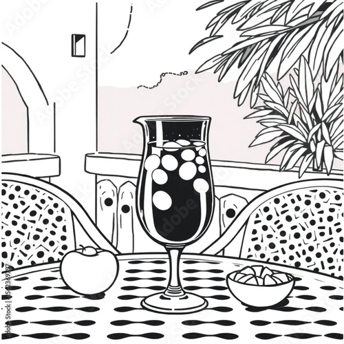 A glass pitcher of sangria on a terrace table