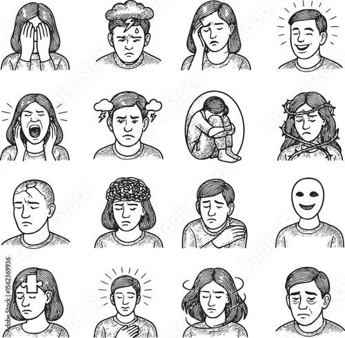 Explore diverse emotional sketches, from sadness to joy, perfect for creative projects and emotional design inspiration