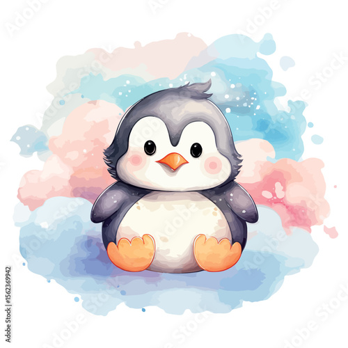 Cute cartoon penguins have fun on snow and ice in a winter wonderland