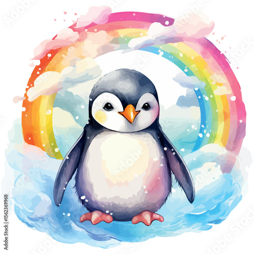 Funny cartoon baby penguin with ice cream on a cold winter day