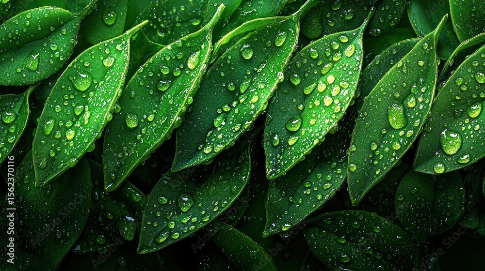 Fototapeta premium Dew-kissed leaves, lush foliage, nature background, organic texture, website banner