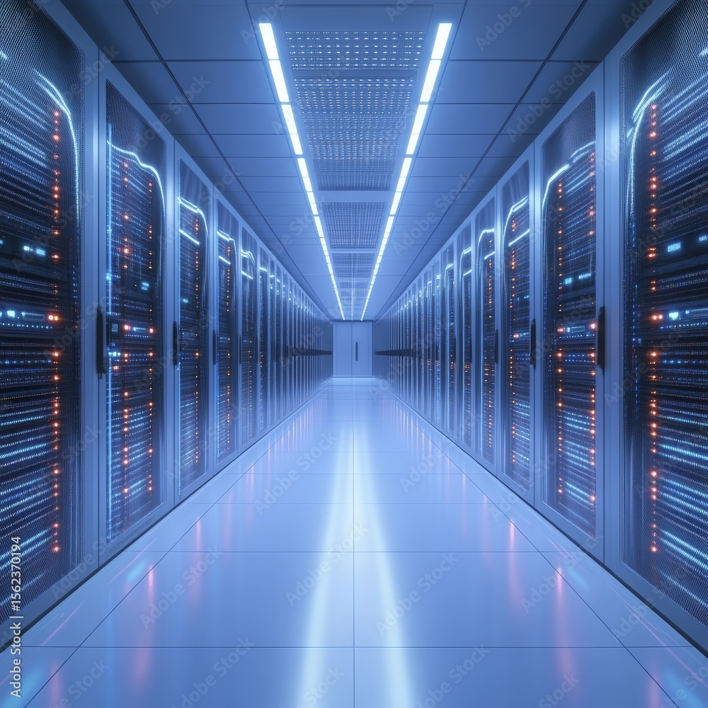 Fototapeta premium A futuristic data center hallway filled with rows of server racks and technology