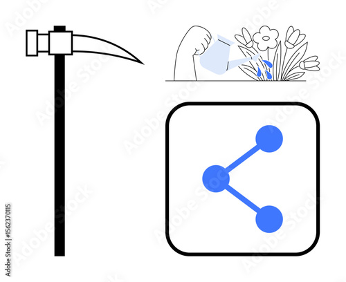 Pickaxe tool, hand watering flowers, and share icon symbolizing gardening, sustainability, teamwork, technology, environmental care, cultivation and networks. Ideal for eco-app simple landing page