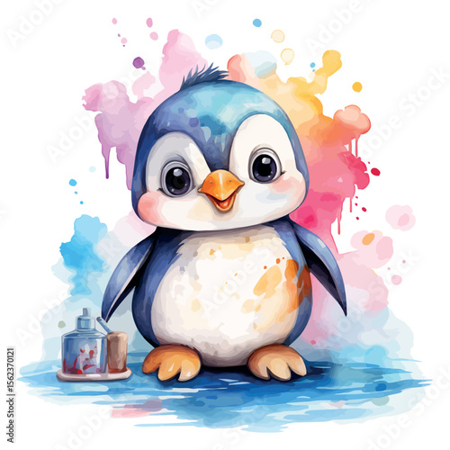 Cute cartoon penguin animals having fun in winter snow, celebrating Christmas with a gift and ice cream, or looking funny with glasses, vector illustration art