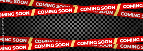 Coming Soon Red Banner Tape Stripe for shop opening, sale launch, retail notice, store ad, campaign teaser, product arrival, marketing layout. Product promotional clearance. Vector Illustration.