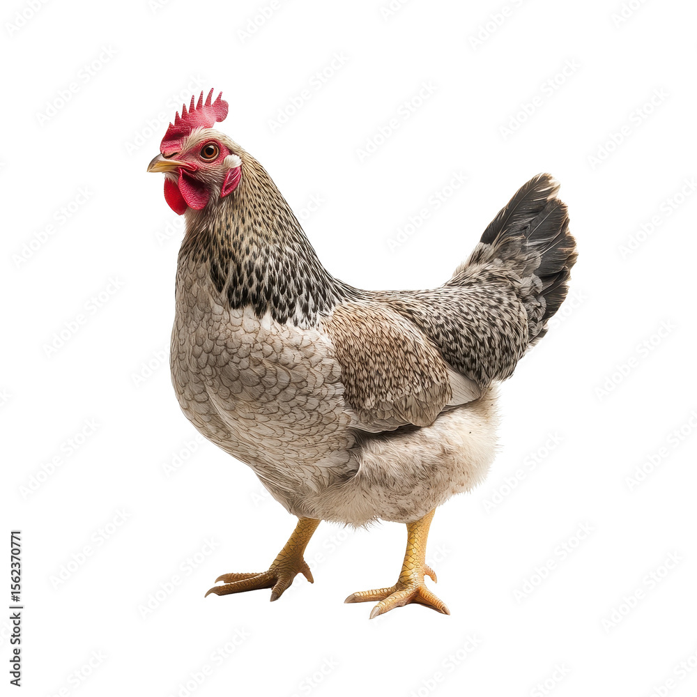 Fototapeta premium Brown and gray chicken standing confidently against a white background with detailed feather patterns, Chickenisolated on white background
