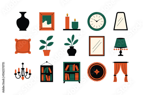 Black vase orange framed picture green candle orange candle green clock cream mirror orange