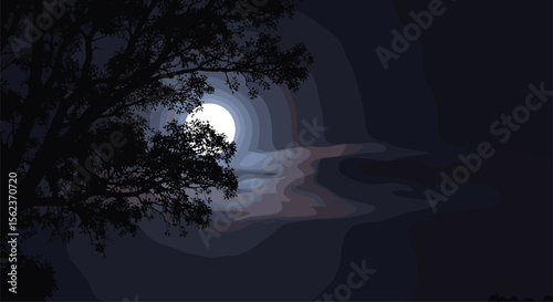 Full Moon Shines Through Wispy Clouds and Tree Silhouette
