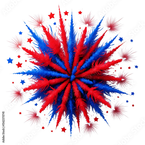 Red and blue abstract firework burst with scattered stars.