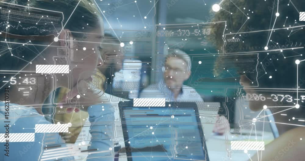 Coworkers settling into business meeting in conference room, fading in animated data overlay flow