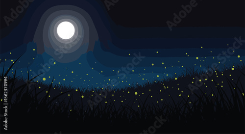 Magical Night Scene with Fireflies Under the Moon
