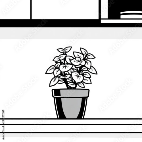 A potted mint plant on a kitchen shelf