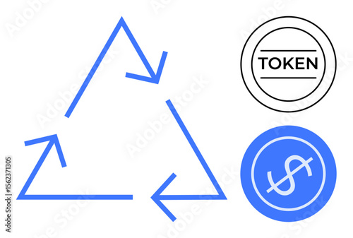 Blue arrows forming a recycle triangle beside a token and dollar icon highlight recycling and sustainable finance. Ideal for environmentalism, cryptocurrency, tokenization, resource management
