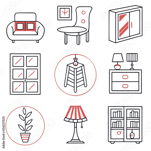 A collection of simple stylized line art icons representing various furniture and home decor items including a sofa chair table cabinet window stool nightstand lamp and bookshelf