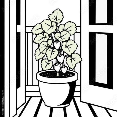 A potted strawberry plant on a balcony