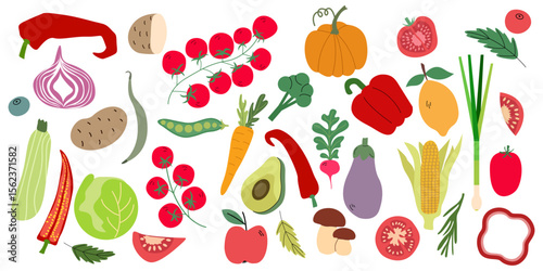 Food Illusion. A collection of vegetables in a simple minimalistic style. Tomatoes, pumpkin, avocado, cabbage, chilli pepper, carrots, green peas and aubergine Vector illustration