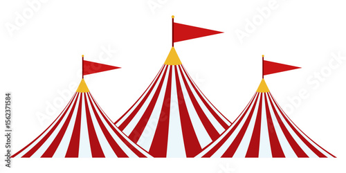Circus Tent With Red And White Stripes And Flags. Three Festival Marquees For Carnival, Fair Or Entertainment Banner And Poster Design. Vector Illustration