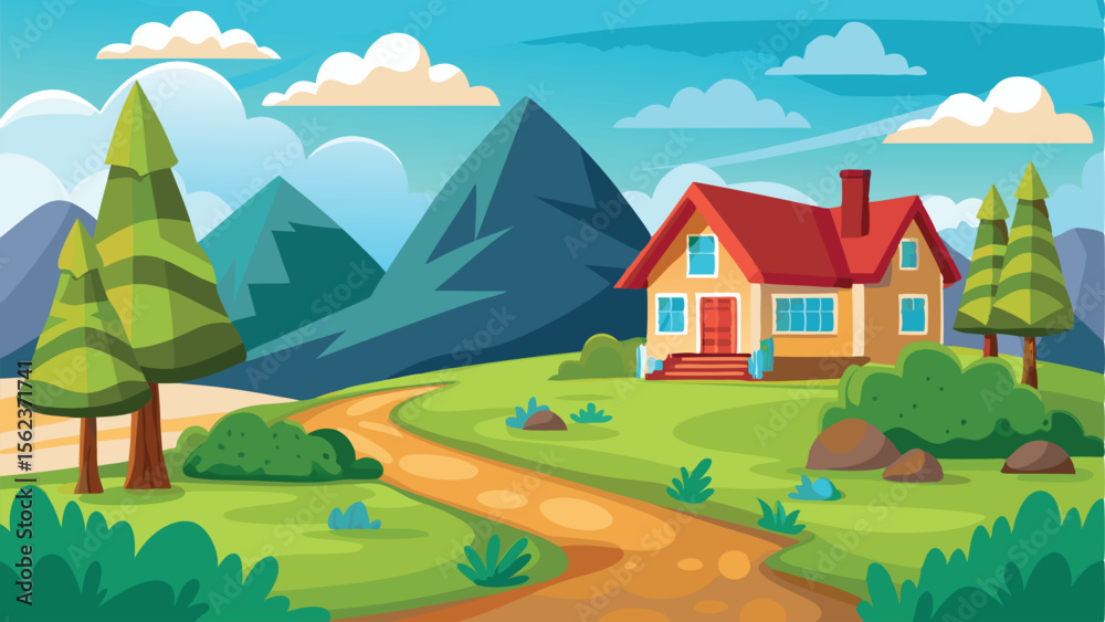 Naklejka premium Cartoon Landscape With Mountain House, Winding Path, Trees, and Blue Sky Backdrop