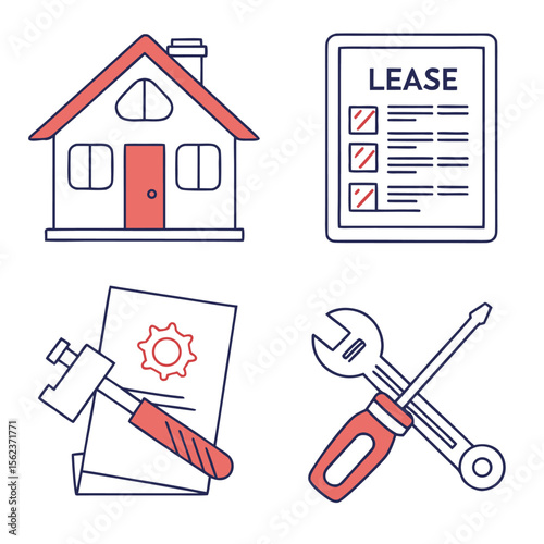 Real estate icons representing a house lease agreement property maintenance and repair services for homeownership and rental contracts
