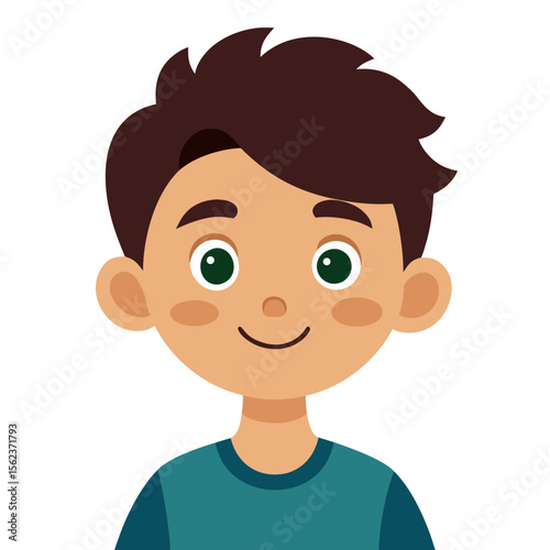 very happy boy, smiling brunette boy, cheerful teen boy, happy teenager, light skin boy, boy portrait, teen face, cartoon teen boy, young male character, white background, flat design, boy avatar, tee