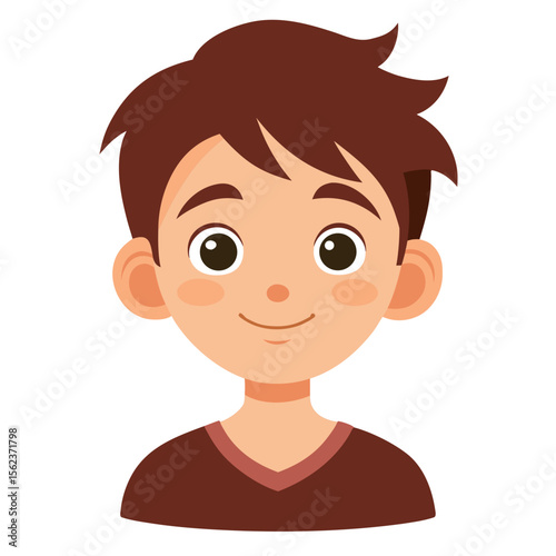 very happy boy, smiling brunette boy, cheerful teen boy, happy teenager, light skin boy, boy portrait, teen face, cartoon teen boy, young male character, white background, flat design, boy avatar, tee