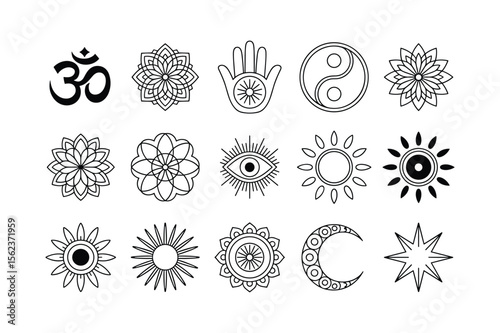 Om symbol mandala sun eye crescent moon star yin yang hand vector