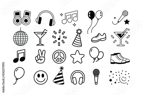 Party and music icons with festive and celebratory elements celebration disco ball