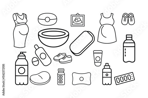 Pregnant woman clothing ultrasound baby shoes bottles and medical items maternity dress