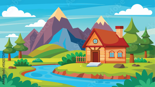 Cartoon Landscape with House, River, Mountains, Trees, and Blue Sky Illustration