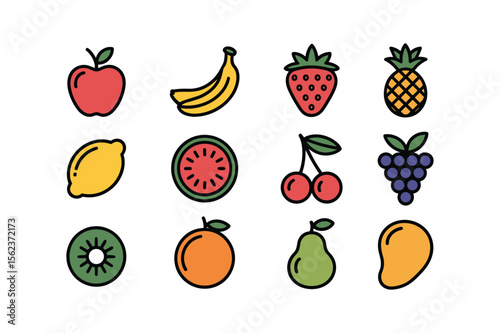 Red apple yellow banana strawberry pineapple lemon watermelon cherries grapes kiwi orange pear mango
