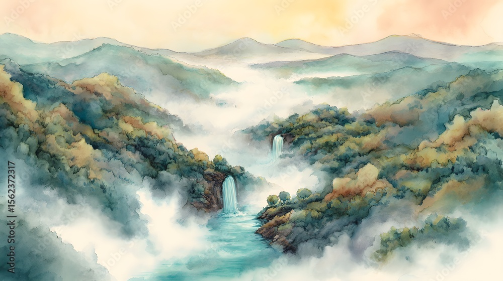 Obraz premium Scenic Watercolor of a Valley from Above