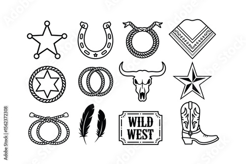 Sheriff star horseshoe lassoed rope bull skull star lassoed rope feathers wild west sign cowboy boot