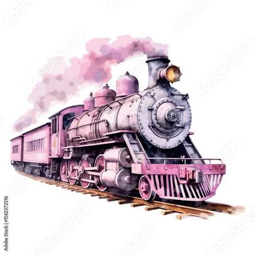 Old vintage steam locomotive on a countryside railway track, billowing smoke as it travels