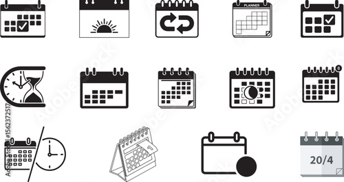 Calendar Reminder, Event Planner, Task Scheduler, Date Picker, Meeting Alert – Vector Calendar Icon Set Adobe Illustrator Artwork