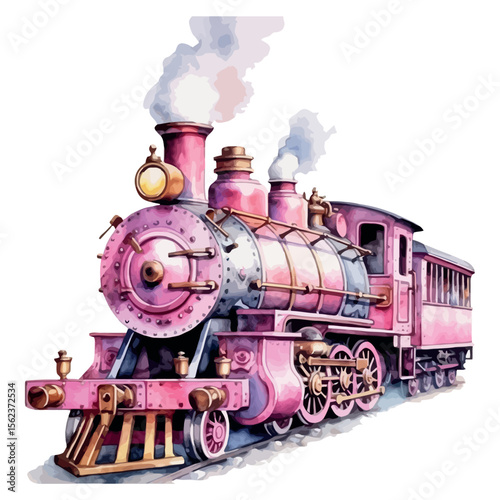 A vintage steam locomotive journeys through the countryside, billowing smoke as it travels along the old railway tracks