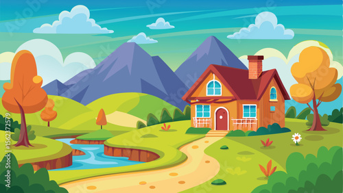 Cartoon Landscape with House, Mountains, River, Trees, and Path A Peaceful Getaway Illustration