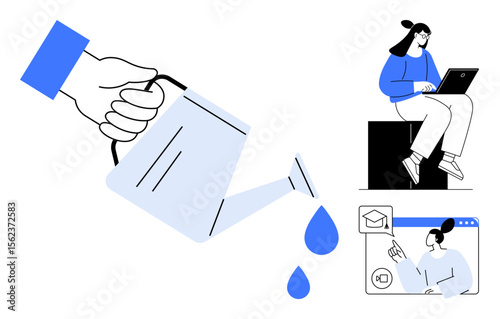 Hand pouring water to symbolize nurturing ideas and growth with users engaging in digital tasks. Ideal for business growth, digital learning, teamwork, productivity, innovation, marketing, simple