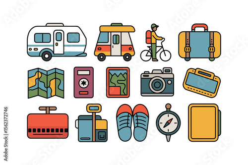 Travel Icons Featuring Camper Van Bicycle Suitcase Camera Passport Map vacation adventure