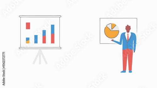 Presentation of bar chart and pie chart by a person in a suit in a business meeting setting scenario