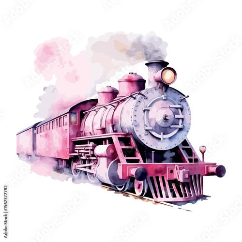 A vintage black steam locomotive engine with smoke travels on an old railway track