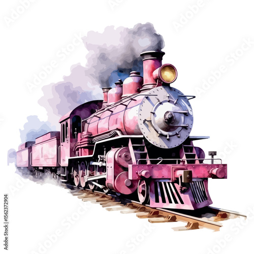 Vintage steam locomotive on a forest railway track, with black smoke billowing from its powerful, antique iron engine