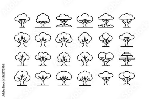 Various stylized trees in black outline on white background nature plant