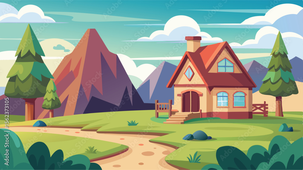 Naklejka premium Cartoon Landscape Cozy House With Red Roof, Mountains, Trees, and Winding Path