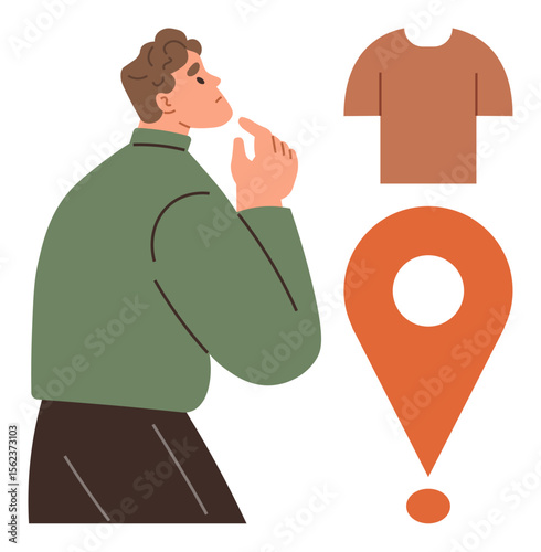 Thoughtful man considering decisions, shirt icon and exclamation-thumbs up marker symbolizing choice and focus. Ideal for planning, decision-making, fashion, location, creativity, lifestyle, simple