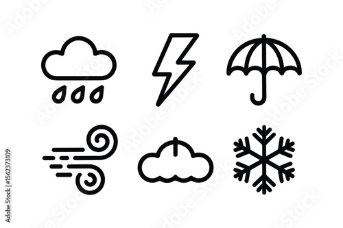 Weather icons showing rain lightning umbrella wind snow and cloud vector
