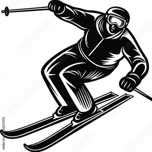 This vector illustration captures people enjoying winter sports, featuring a silhouette of a skier on a snowboard and a person on skis, freedom, fresh, crisp, powder