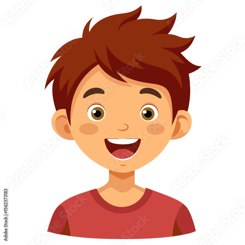happy brunette boy, excited teen boy, smiling teenager, cheerful boy, light skin boy, teen portrait, boy face, cartoon teen, young male character, white background, flat design, boy avatar, teen clipa