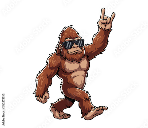 Cool Cartoon Bigfoot Throwing Rock Hand Sign – Funky Sasquatch Character with Sunglasses