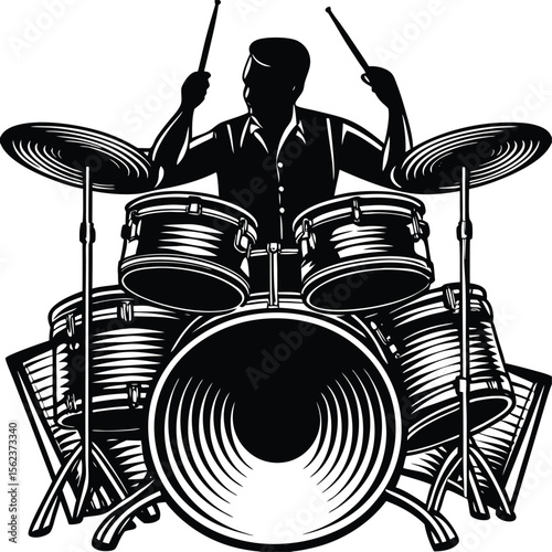 Vector illustration of a man drummer playing rock percussion, art, modern, vintage, live